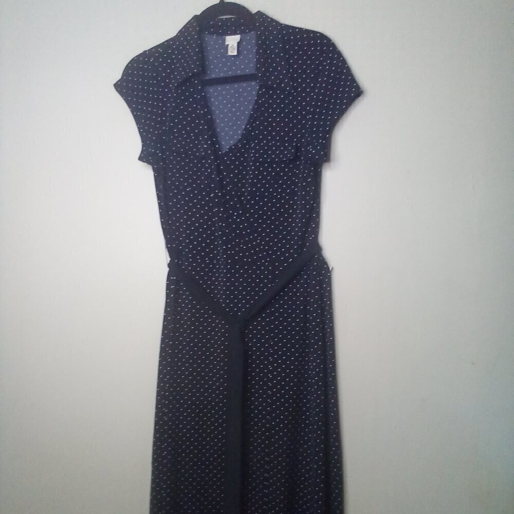 Merona Dress M Women Wrap Front Belt Short Sleeve Polka Dot Black White